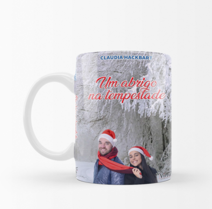 Caneca do livro "Um abrigo na tempestade", de Claudia Hackbart